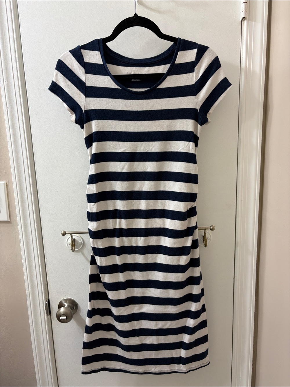 Navy and White Striped Short Sleeve Knit Maternity Dress